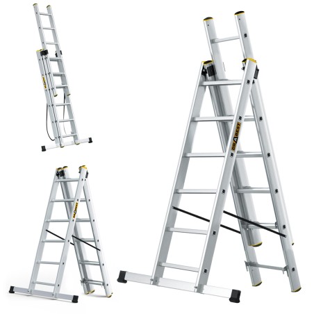 PRO-Aluminiumleiter 3-teilig 3X6 Sprossen 150 Kg